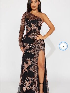 Elegant One-Shoulder Black and Rose Gold Sequin Gown